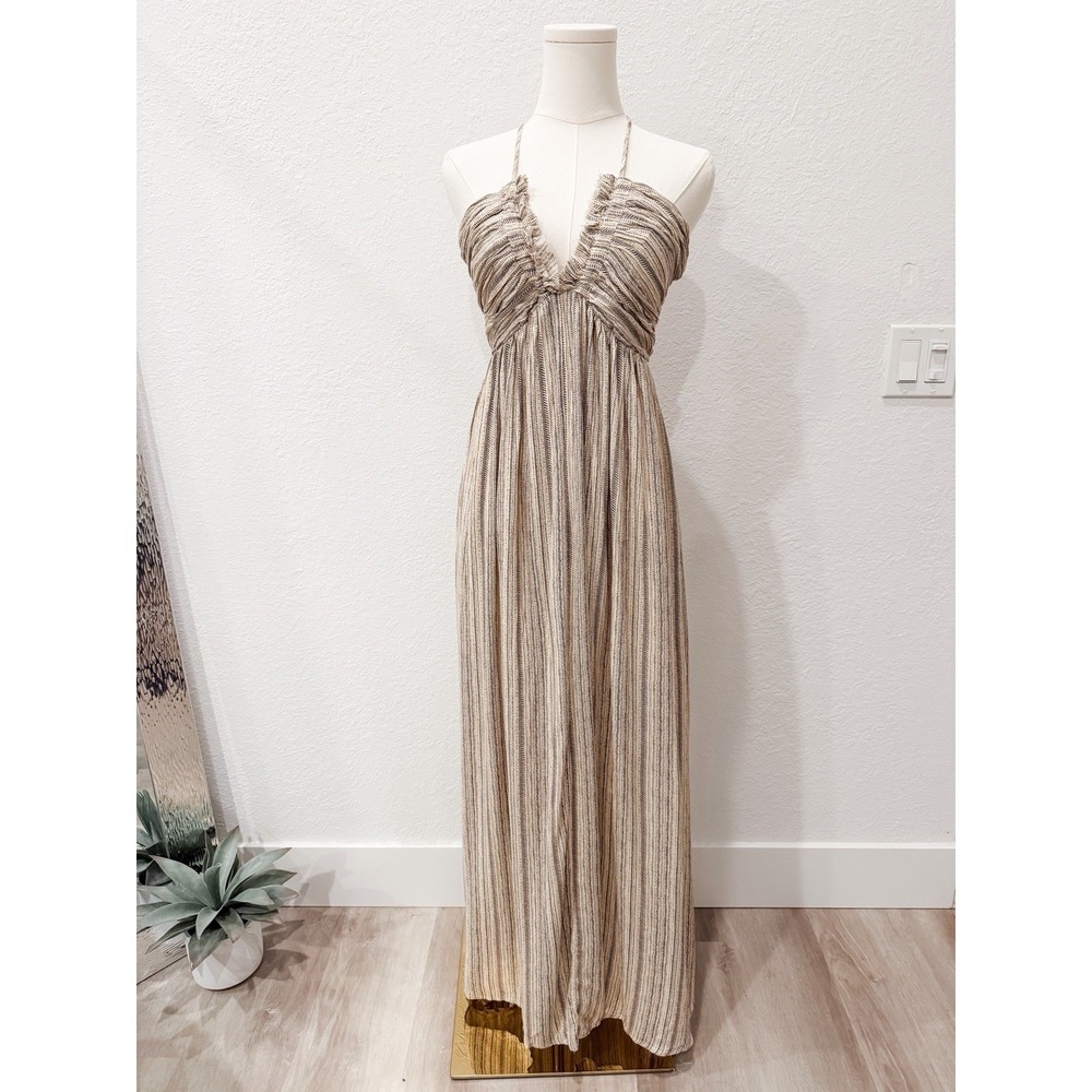 Promesa Vici Halter Maxi Dress Small Beige Open Back Boho Resort Coastal